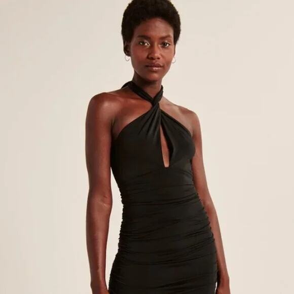 Abercrombie & Fitch Multiway Ruched Halter Mini Dress Black Small Cocktail Event - Picture 2 of 7